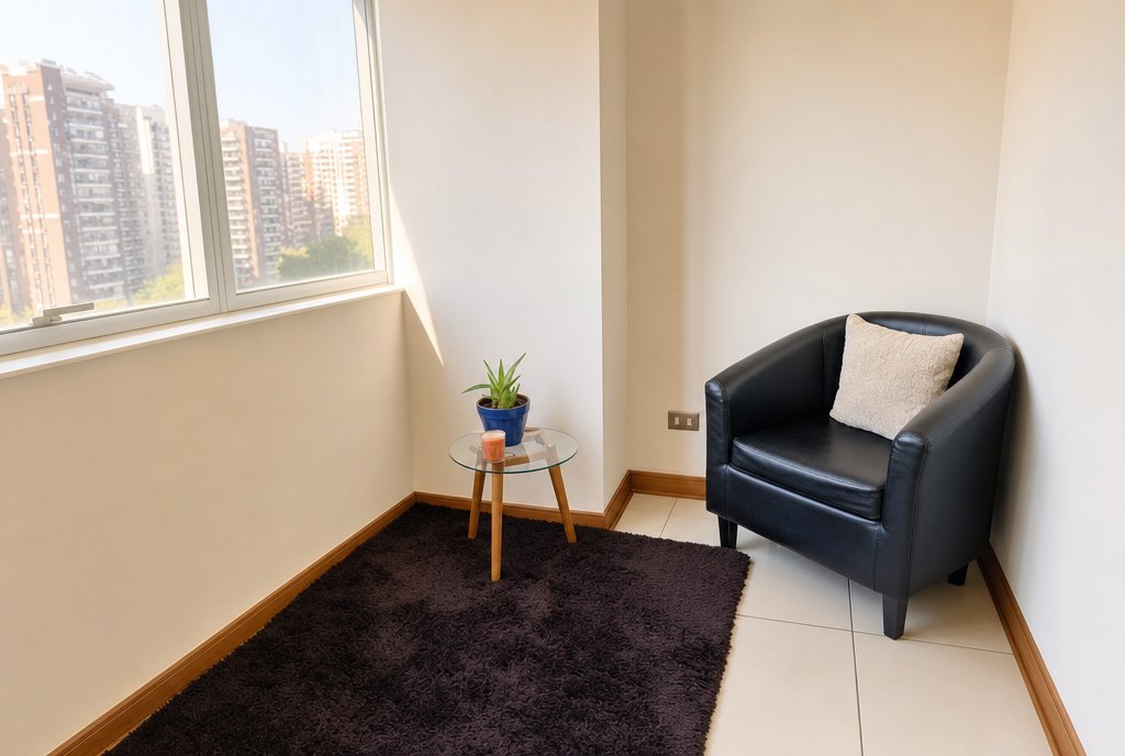 Sillón de la consulta junto al ventanal con vista a la ciudad