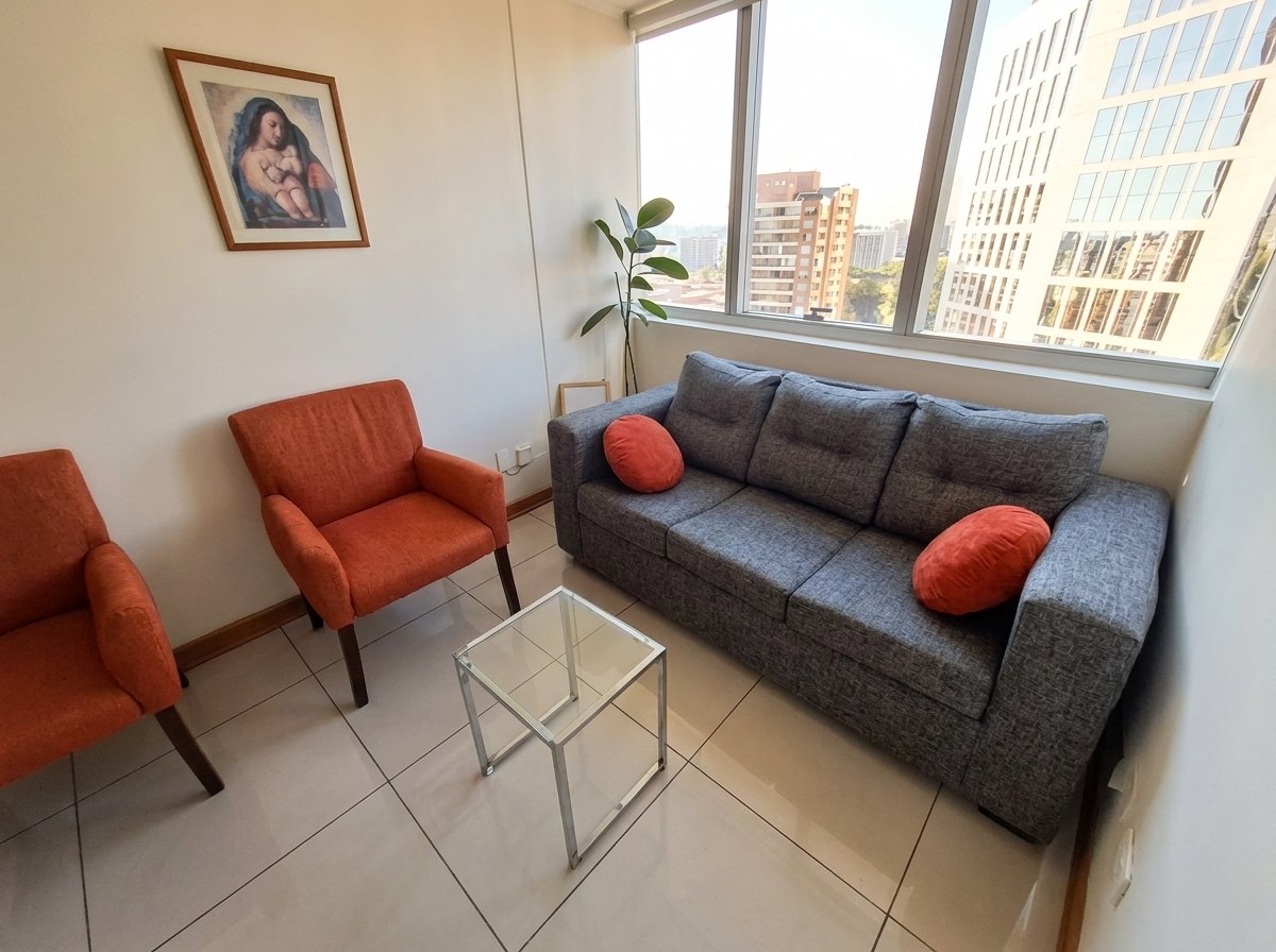Consulta de psicología en Las Condes: sofá, sillones y vista a la ciudad