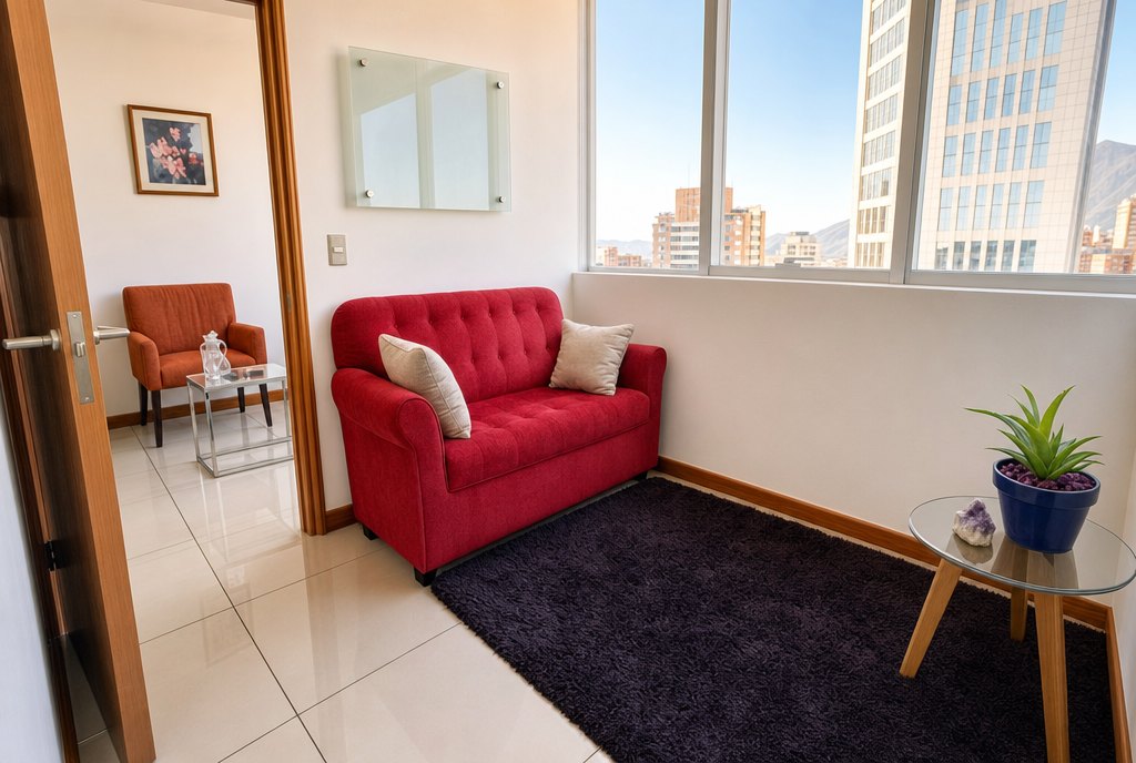 Sala de la consulta con sofá, planta y luz natural